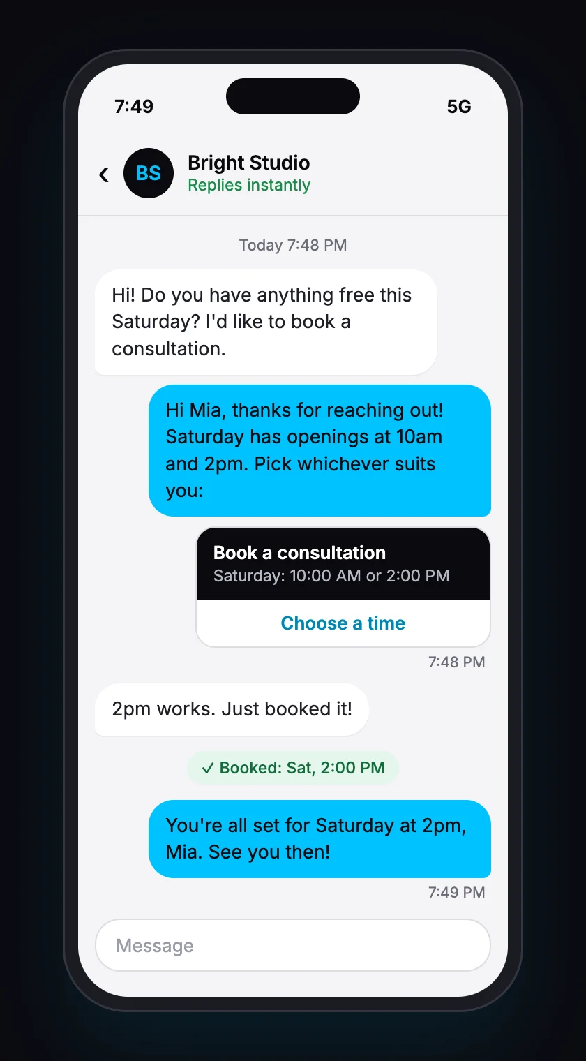 Example chat: a customer asks a service business about Saturday, gets an instant reply with booking times, and books a 2pm consultation